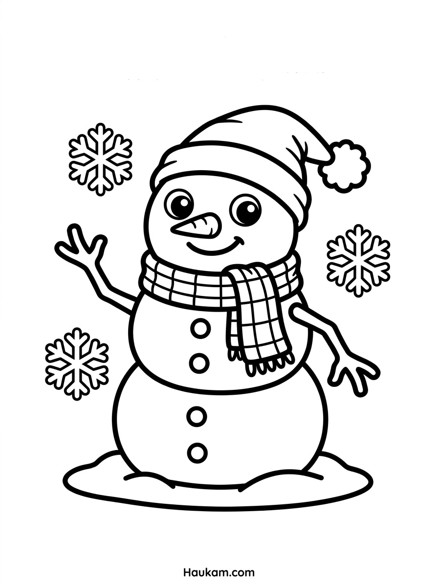 Ausmalbilder Winter Kostenlos: 5 Motive für Kinder 1 Ausmalbilder Winter für Kinder – süßer Chibi-Schneemann mit Mütze und Schal, Schwarz-Weiß-Malvorlage zum Ausdrucken