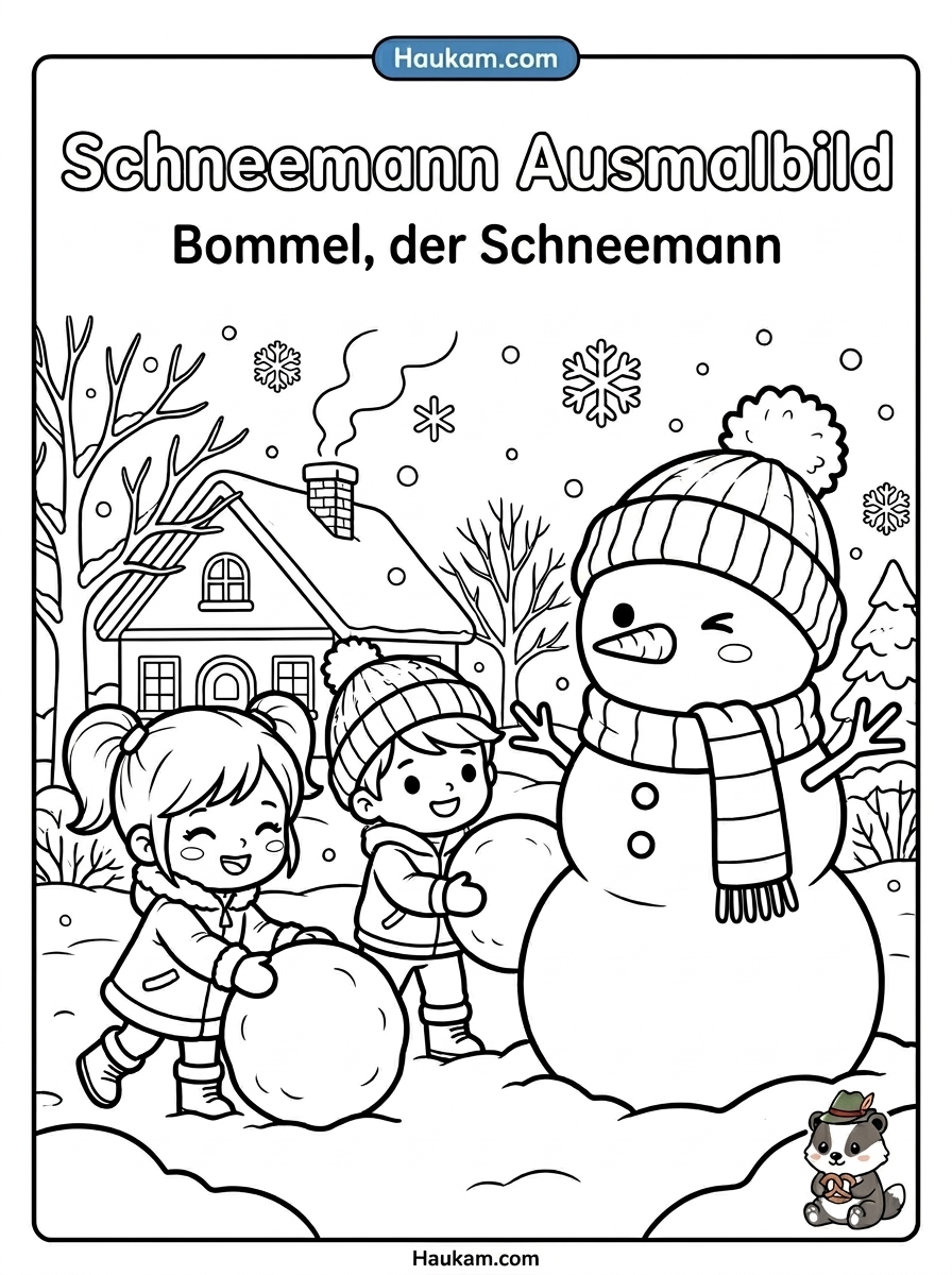 Schneemann Ausmalbild zum Ausdrucken: Die Geschichte von Bommel in 5 zauberhaften Ausmalseiten 1 Schneemann Ausmalbild: Zwei Kinder bauen einen Schneemann mit Bommelmütze im verschneiten Garten