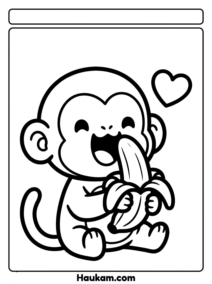 Affe Ausmalbild: 5 kostenlose Vorlagen zum Ausdrucken 2 Affe Ausmalbild zum Ausdrucken: kleiner Affe sitzt am Boden und isst genüsslich eine Banane, einfache Konturen für Kinder