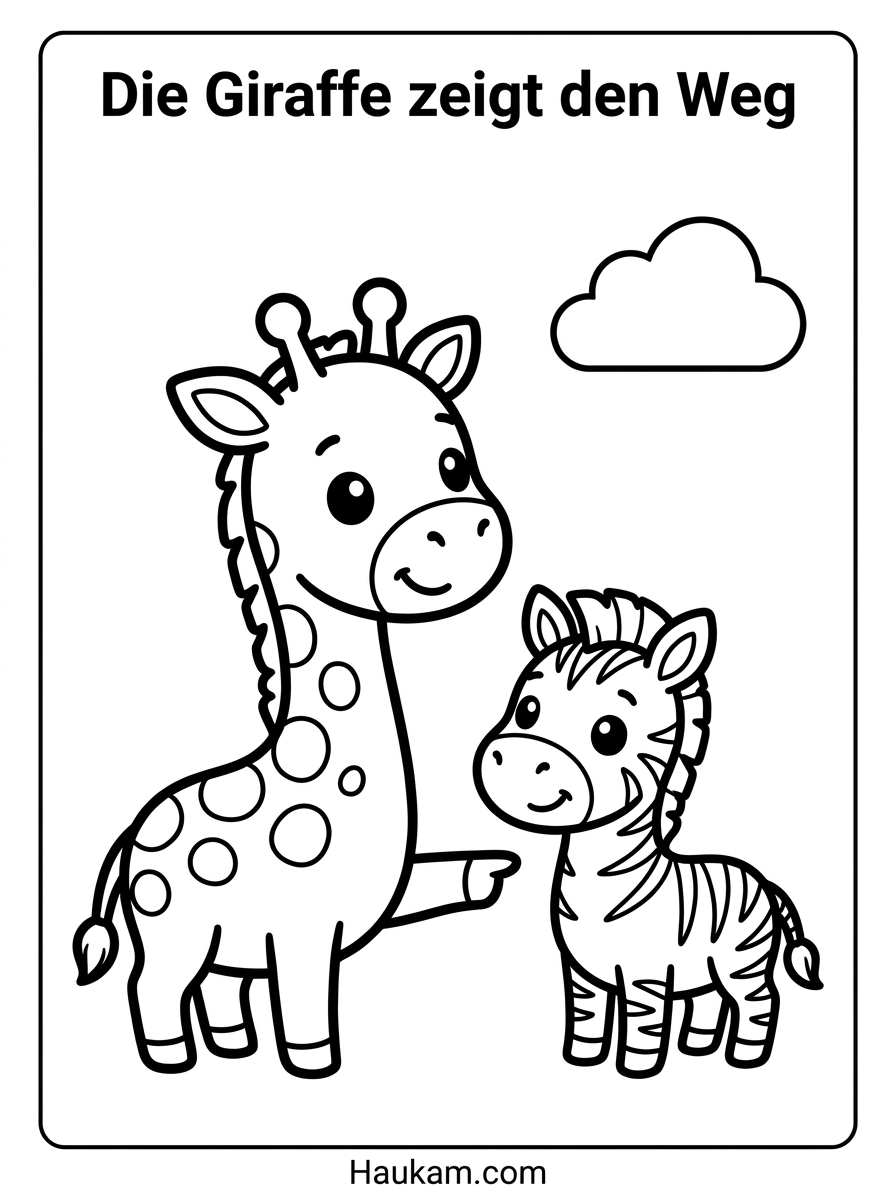 Ausmalbild Dschungeltiere: Wie Lulu, das kleine Zebra, seinen Weg zurück zur Mama findet 2 Ausmalbild Dschungeltiere – freundliche Giraffe zeigt dem kleinen Zebra Lulu den Weg