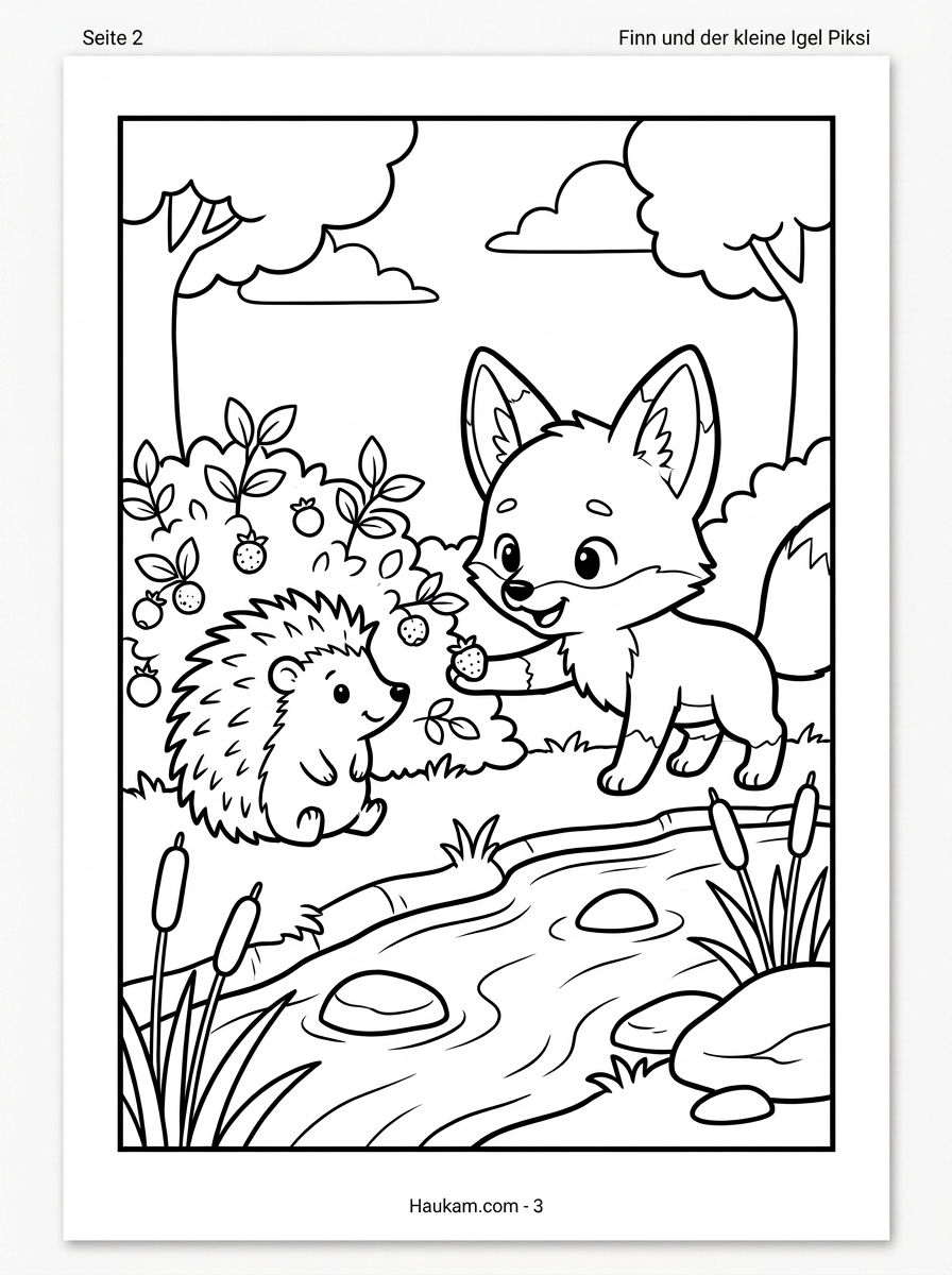 Fuchs zum Ausmalen für Kinder: Fünf zauberhafte Ausmalbilder mit Finn dem Waldfuchs 2 Fuchs zum Ausmalen: Ausmalbild Fuchs Finn und Igel Piksi am Bachufer