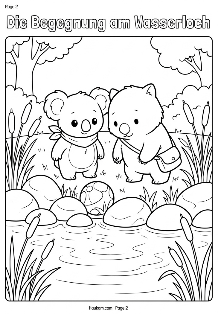 Ausmalbild Koala zum Ausdrucken: Die Abenteuergeschichte von Koko für kleine Naturfreunde 2 Ausmalbild Koala Koko und Wombat Wumpel suchen gemeinsam einen Ball am Wasserloch