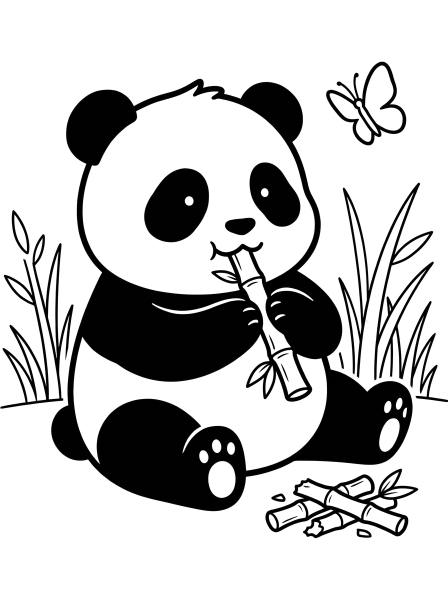 Ausmalbild Panda für Kinder: Wie Pings Bambuswald-Abenteuer zu einer Geschichte zum Ausmalen wird 2 Ausmalbild Panda zum Ausdrucken – Panda Ping sitzt im Wald und knabbert an einem Bambusstängel, mit Schmetterling im Hintergrund, Malvorlage in Schwarz-Weiß.