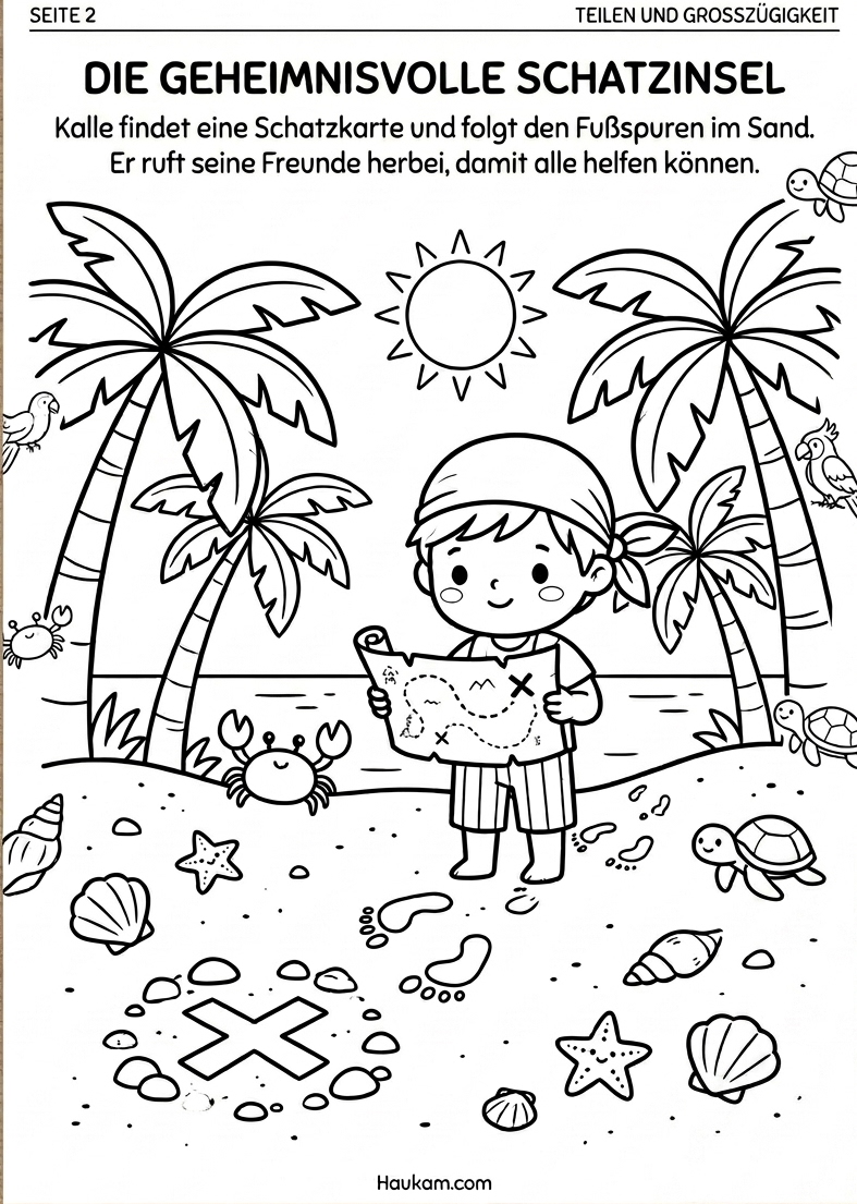 Piraten Ausmalbilder für Kinder: Kalles Schatzsuche als fünfteilige Ausmalgeschichte 2 Piraten Ausmalbild: Kalle studiert eine Schatzkarte am Strand mit Palmen, Muscheln und Fußspuren im Sand auf dem Weg zum Schatz.