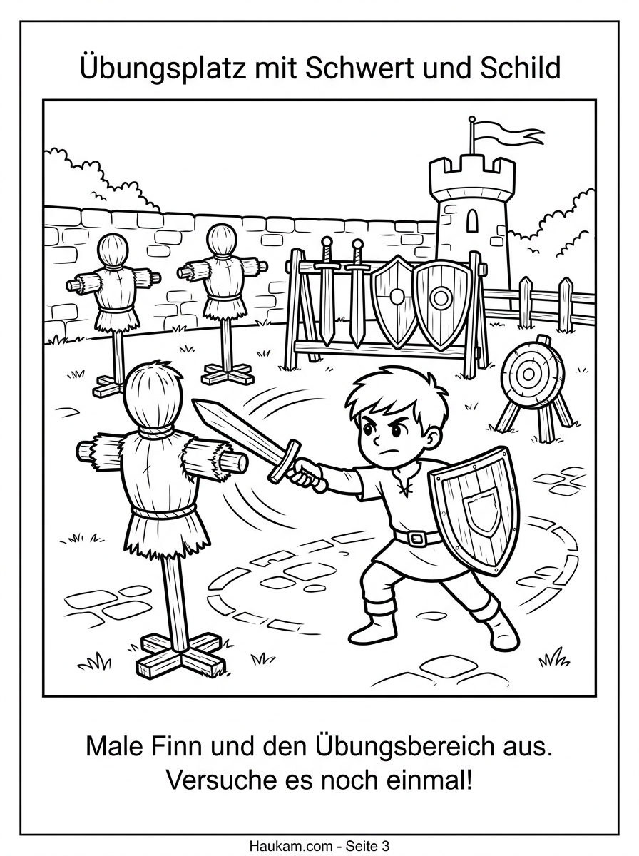 Ausmalbild Ritterburg zum Ausdrucken: 5 kostenlose Ausmalbilder für kleine Ritter und ihren Drachenfreund 2 Ausmalbild Ritterburg: Ritter Finn übt Schwertkampf auf dem Trainingsplatz mit Zielscheibe und Holzschwertern