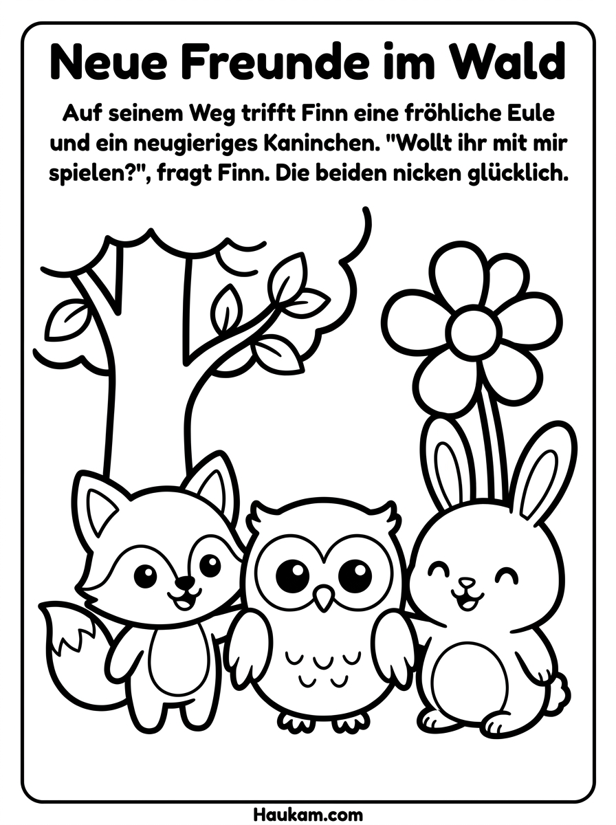 Ausmalbild Wald : Mit Fuchs Finn durch einen ganzen Waldtag – die schönste Mal-Geschichte zum kostenlosen Ausdrucken 2 Ausmalbild Wald – Fuchs, Eule und Kaninchen treffen sich im Wald, Malvorlage für Kinder