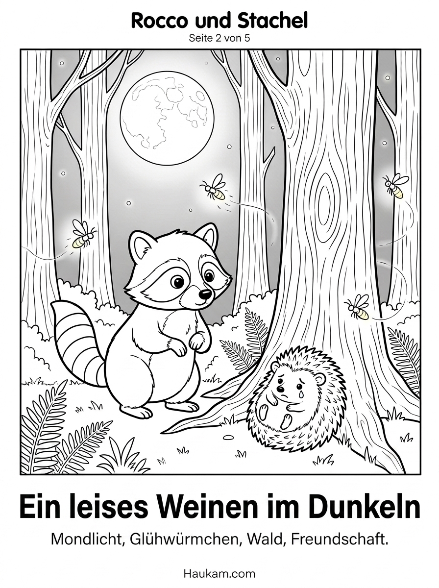 Ausmalbild Waschbär für Kinder: Roccos Waldabenteuer zum Ausmalen und Vorlesen 2 Ausmalbild Waschbär Rocco findet den traurigen Igel Stachel im nächtlichen Wald