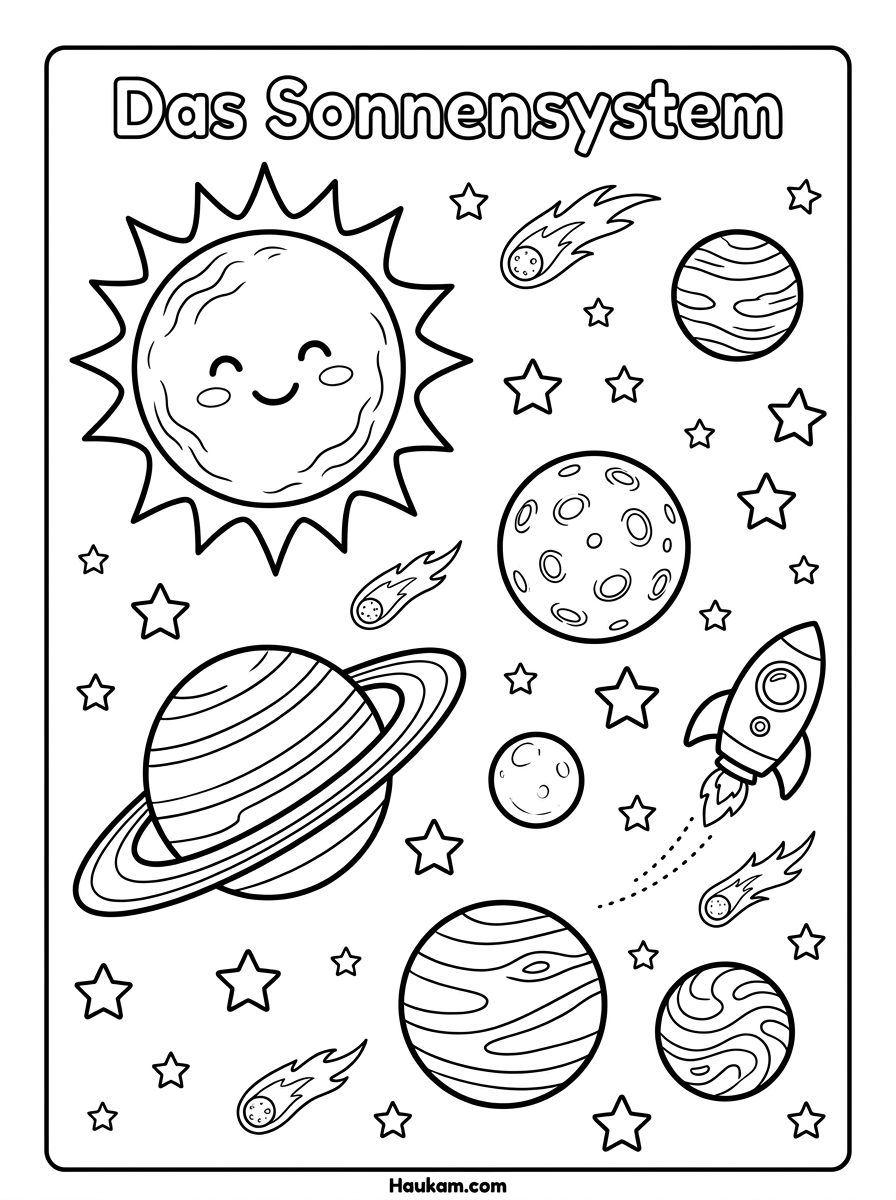 Ausmalbild Weltall für Kinder: Fünf zauberhafte Weltraum-Malvorlagen zum kostenlosen Ausdrucken 2 Ausmalbild Weltall mit Sonnensystem – Malvorlage für Kinder mit Sonne, mehreren Planeten und kleiner Rakete zum Ausmalen