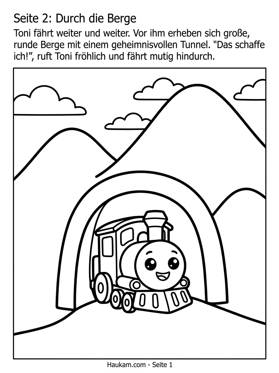 Ausmalbild Zug : Wie Tonis Reise durch Berge, Bauernhof und Fest kleine Künstler begeistert 2 Ausmalbild Zug durch die Berge – niedlicher Chibi-Zug Toni fährt aus einem Tunnel zwischen runden Bergen hervor, einfache Malvorlage für Kindergartenkinder