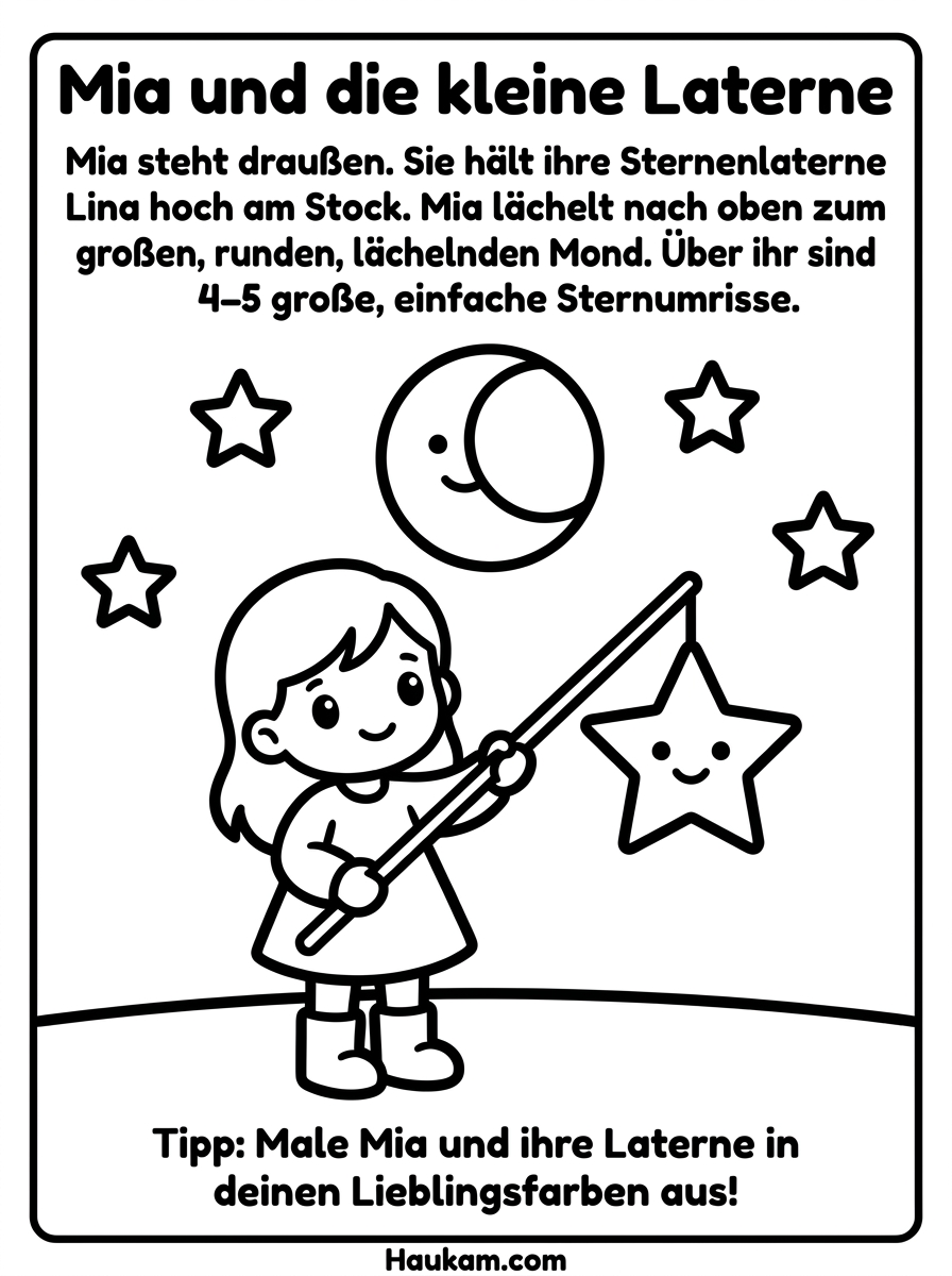 Laterne Ausmalbild: Mias Laternengeschichte zum Ausdrucken 2 Laterne Ausmalbild: Mia geht mit ihrer leuchtenden Laterne unter dem Sternenhimmel spazieren