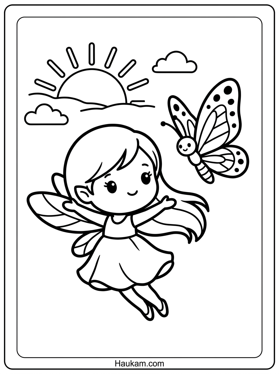 Ausmalbilder Feen zum Ausdrucken – 5 zauberhafte Vorlagen 2 Ausmalbilder Feen – fliegende Fee mit Schmetterling und Sonne, Malvorlage für Kinder