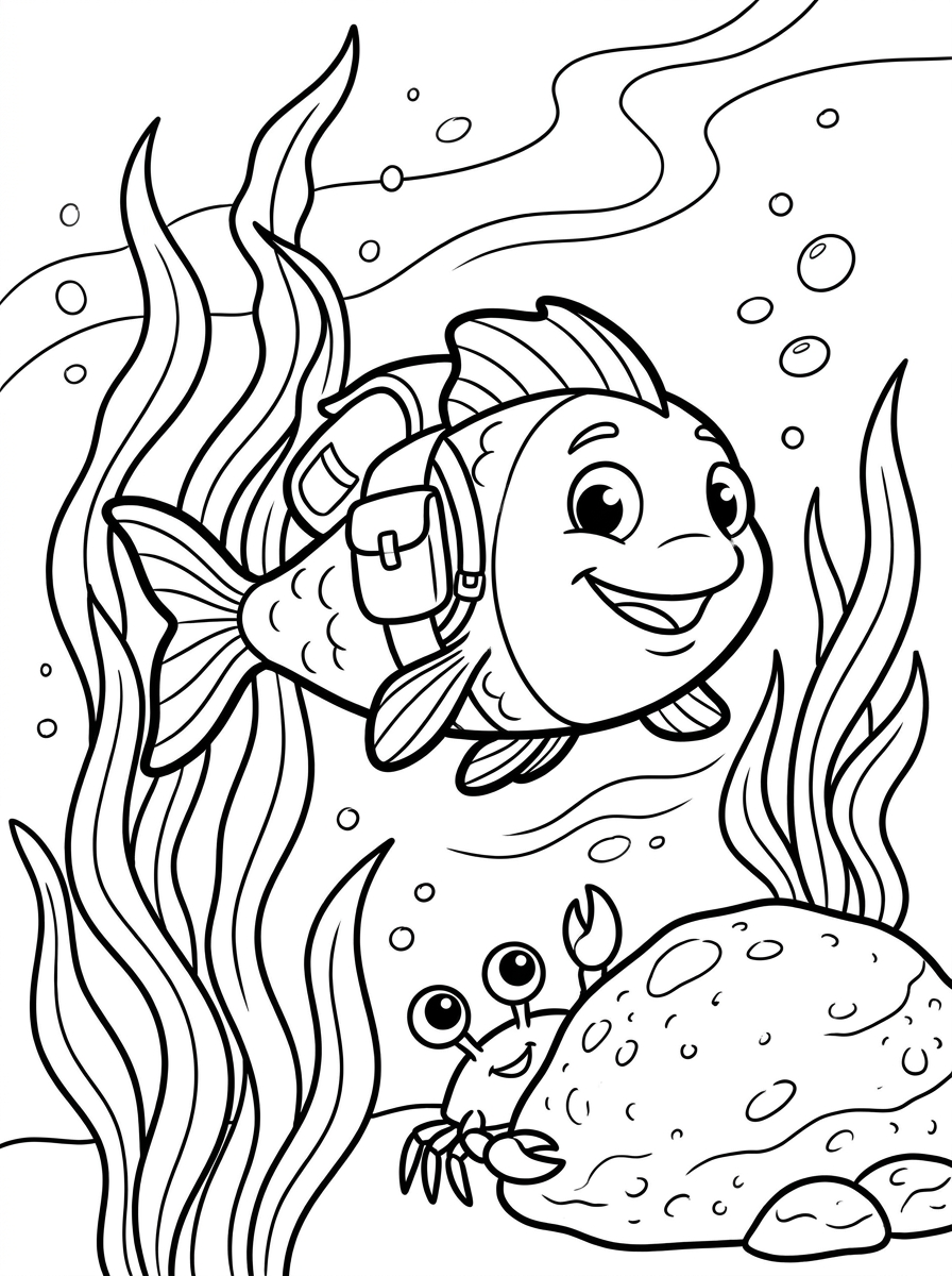 Ausmalbilder Fische zum Ausdrucken: Finns Unterwasserabenteuer als Malvorlage für Kinder 2 Ausmalbilder Fische zum Ausdrucken mit einer Malvorlage von Fisch Finn, der mutig durch einen dichten Wald aus Seetangpflanzen schwimmt.
