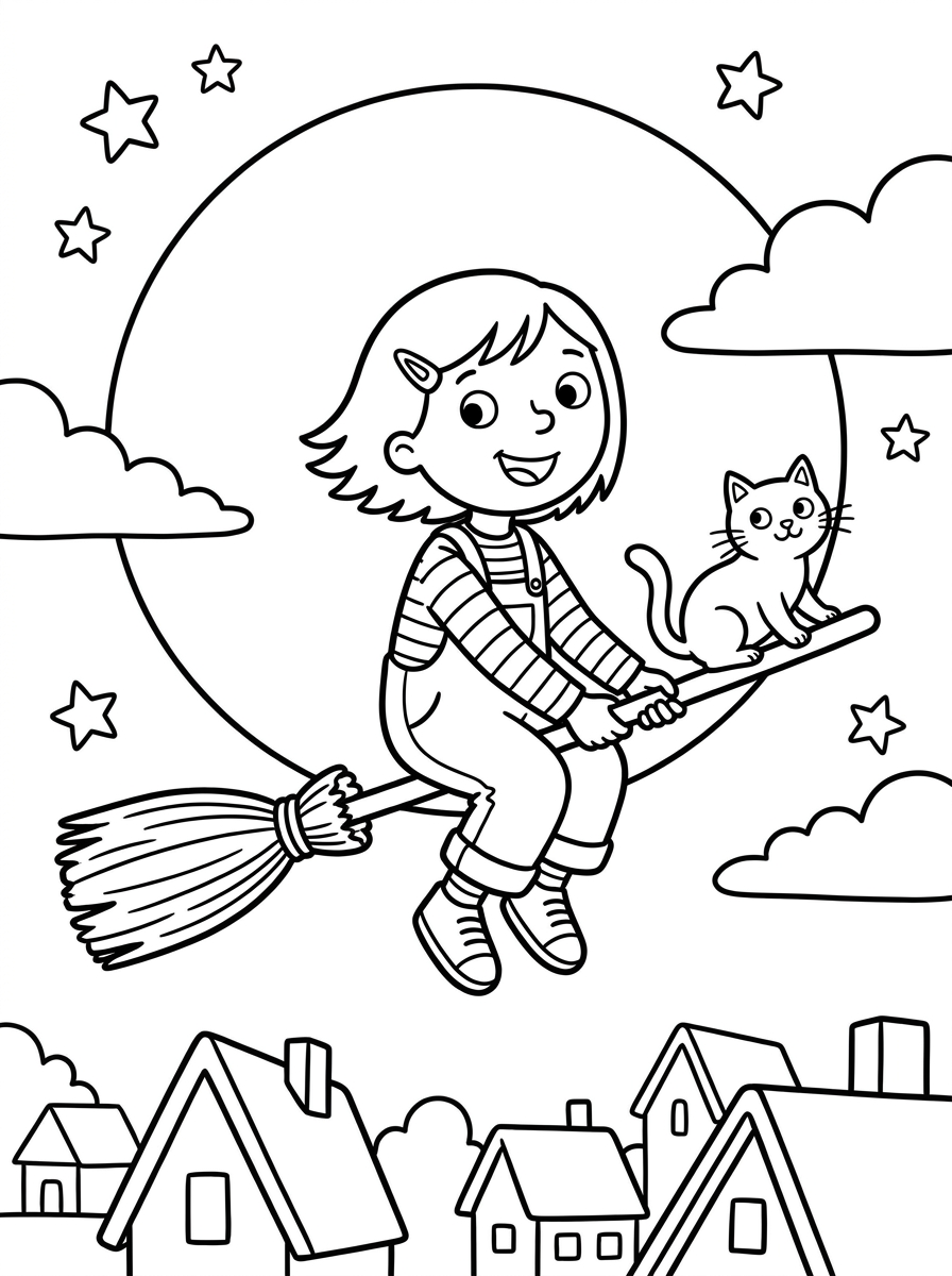 Ausmalbilder Halloween für Kinder : Wie Hexe Lotta kleinen Künstlern das Gruseln austreibt 2 Ausmalbild Halloween für Kinder: Hexe Lotta fliegt mit ihrem Kater auf dem Besen über die Dächer vor dem Vollmond