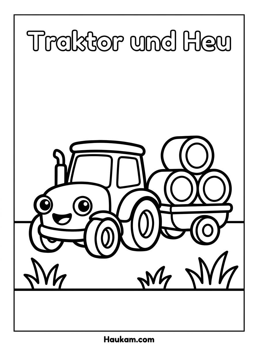 Ausmalen Traktor: Kostenlose Ausmalbilder zum Ausdrucken 2 Ausmalen Traktor mit Anhänger und Heuballen – Malvorlage für Kinder zum Ausdrucken