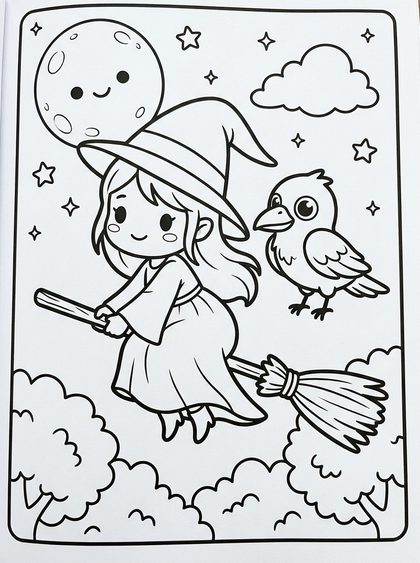 Hexe Ausmalbild für Kinder: 5 zauberhafte Malvorlagen zum Ausdrucken mit spannender Herbstgeschichte 2 Hexe Ausmalbild mit fliegender Hexe auf einem Besen bei Vollmond, Rabe begleitet sie durch die Nacht, Malvorlage für Kinder