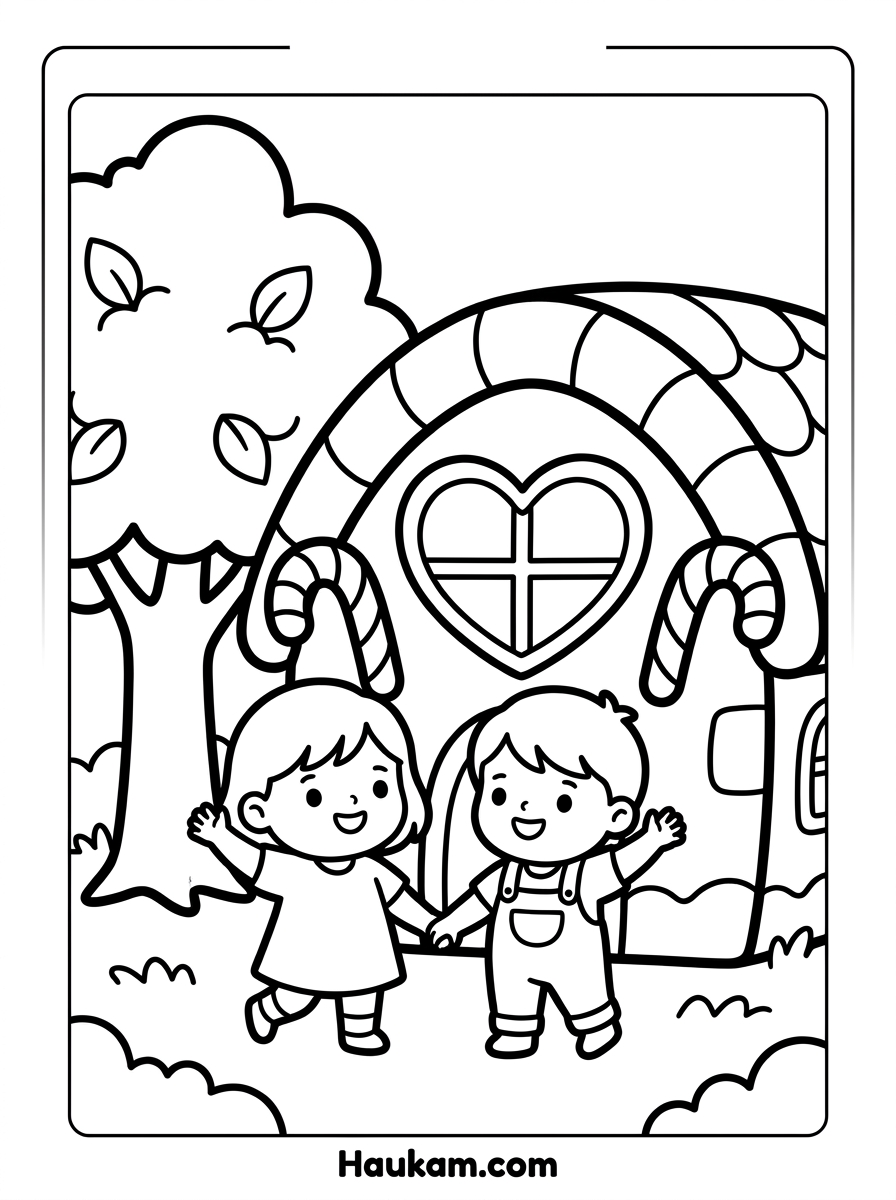 Ausmalbilder Märchen zum Ausdrucken – Gratis für Kinder 2 Ausmalbilder Märchen zum Ausdrucken – Hänsel und Gretel stehen vor dem Lebkuchenhaus, kostenlose Malvorlage für Kindergarten und Vorschule