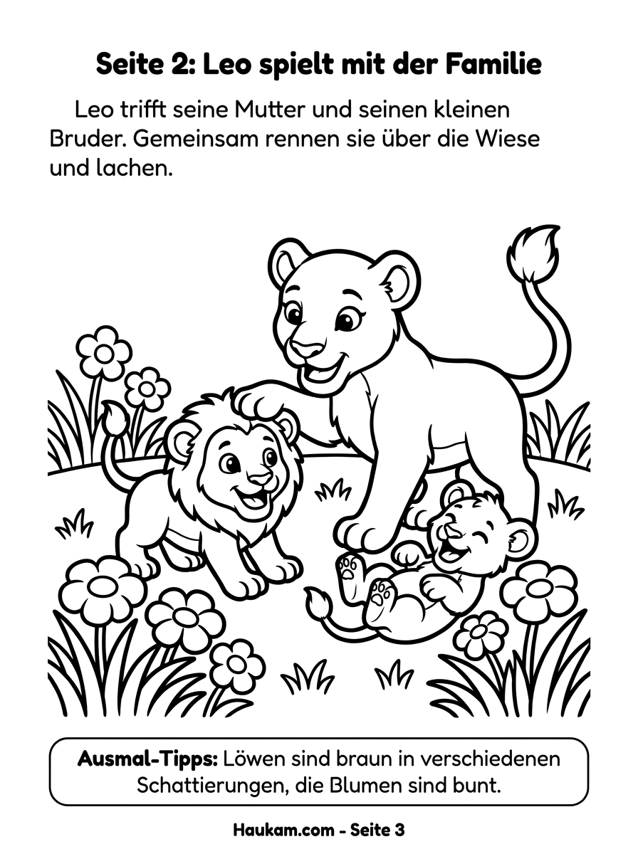 Löwe zum Ausmalen : 5 liebevolle Ausmalbilder mit Leo, dem kleinen Löwen aus der Savanne 2 Ausmalbild Löwenfamilie: kleiner Löwe spielt mit Mama und Bruder auf einer Blumenwiese