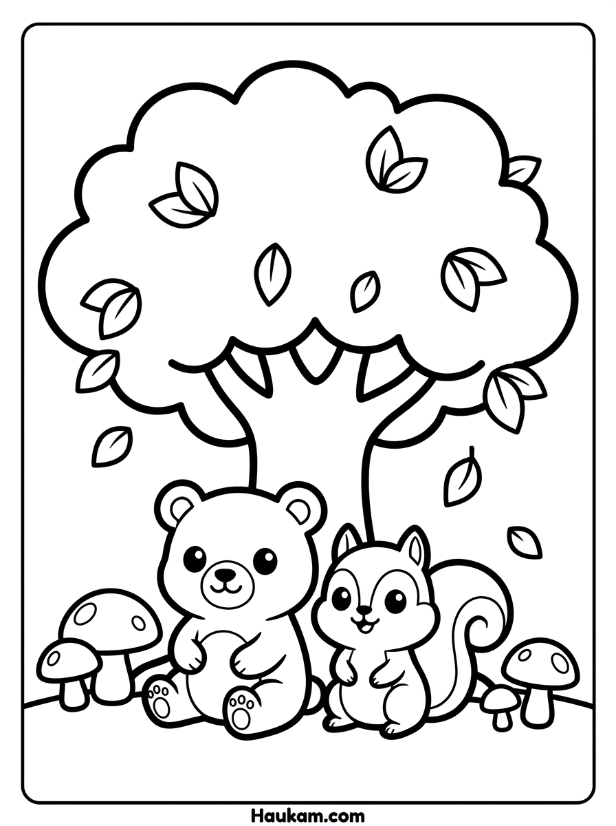 Natur Ausmalbilder zum Ausdrucken für Kinder 2 Natur Ausmalbilder Bär und Eichhörnchen unter einem Baum im Wald für Kinder