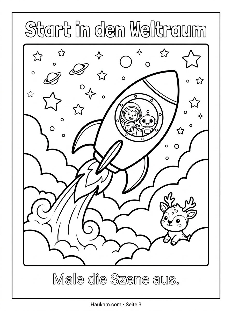 Raketen Ausmalbilder : Eine Zauberhafte Weltraumreise zum Ausmalen und Träumen 2 Raketen Ausmalbild zum Ausdrucken: Rakete fliegt durch Wolken mit Feuerschweif, Timo und Roboter Pip schauen aus dem Bullauge