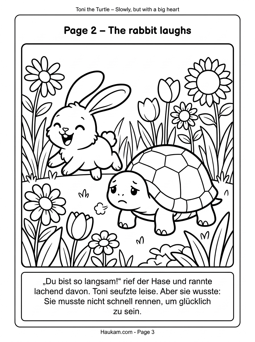 Schildkröte zum Ausmalen: Eine herzerwärmende Geschichte für Kinder in 5 liebevoll gestalteten Ausmalbildern zum Ausdrucken 2 Schildkröte zum Ausmalen – Toni und der lachende Hase auf einer Blumenwiese, Malvorlage für Kinder zum Ausdrucken