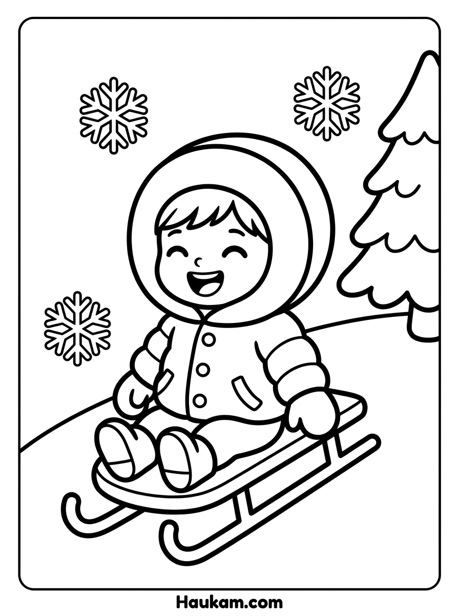 Ausmalbilder Winter Kostenlos: 5 Motive für Kinder 2 Ausmalbilder Winter – Kind fährt lachend Schlitten den Hügel hinunter, einfache Malvorlage für Kindergartenkinder