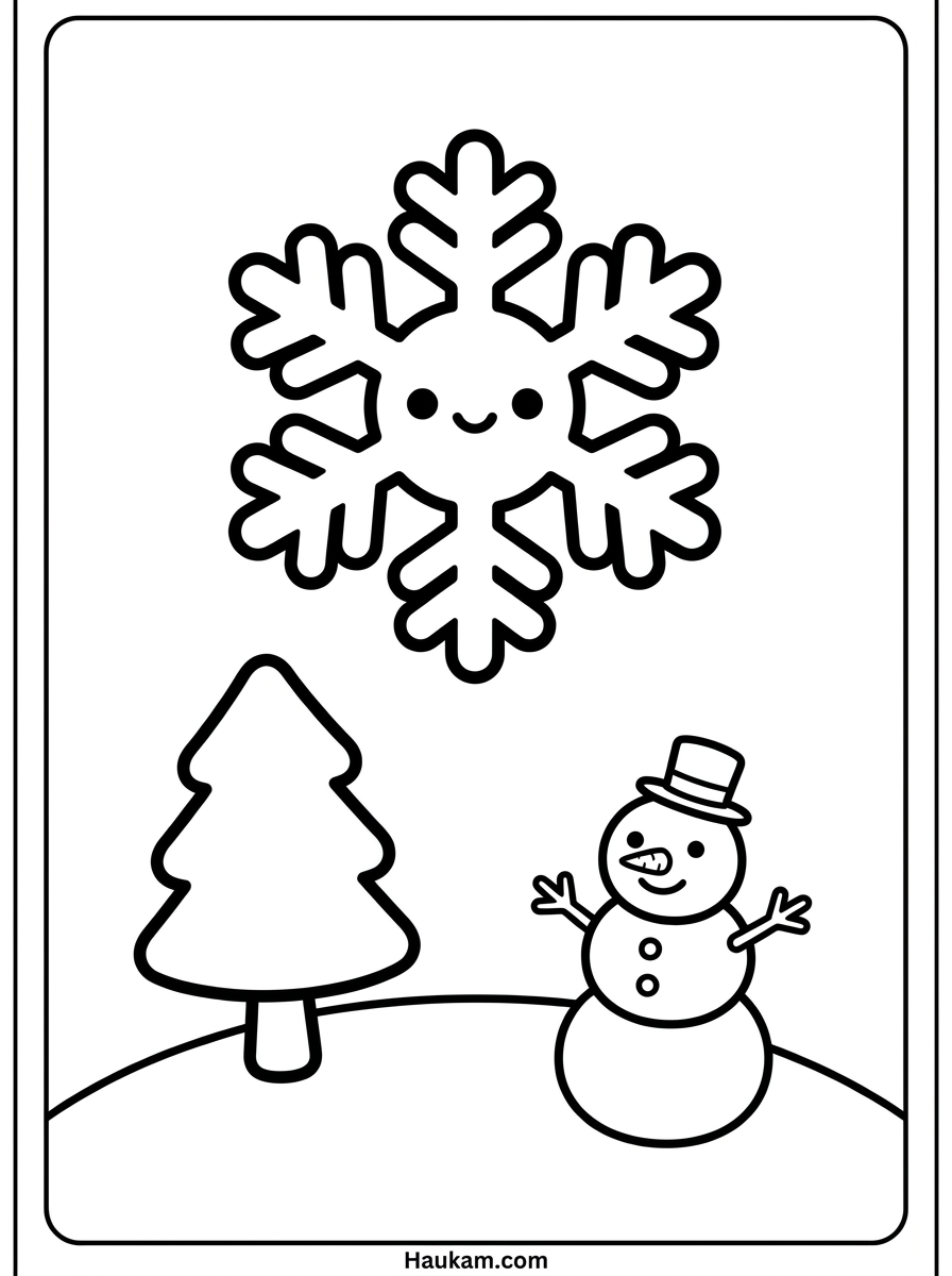 Schneeflocke Ausmalbild: Kostenlose Vorlagen für Kinder 2 Schneeflocke Ausmalbild mit Winterlandschaft, Tannenbaum und Schneemann