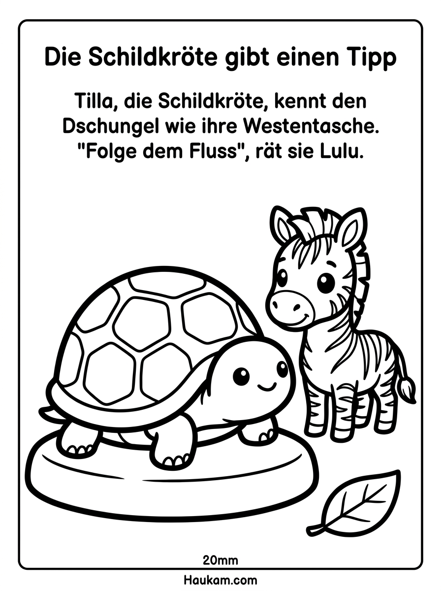 Ausmalbild Dschungeltiere: Wie Lulu, das kleine Zebra, seinen Weg zurück zur Mama findet 3 Ausmalbild Dschungeltiere – gemütliche Schildkröte gibt Lulu einen hilfreichen Tipp