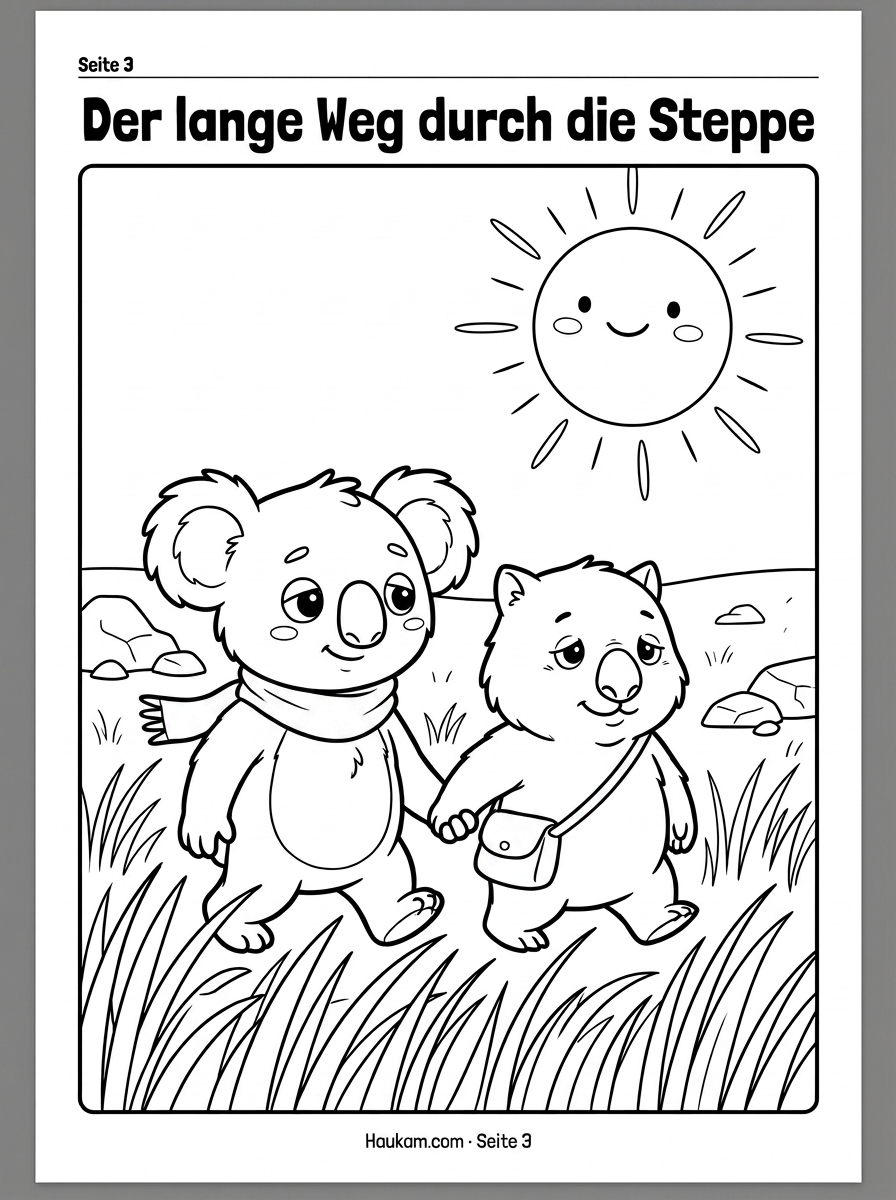 Ausmalbild Koala zum Ausdrucken: Die Abenteuergeschichte von Koko für kleine Naturfreunde 3 Ausmalbild Koala Koko und Wumpel wandern gemeinsam durch die weite Steppe