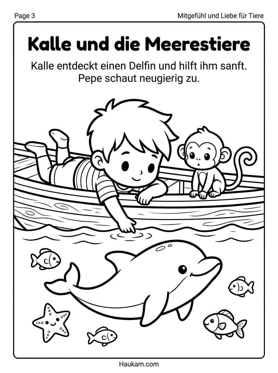 Piraten Ausmalbilder für Kinder: Kalles Schatzsuche als fünfteilige Ausmalgeschichte 3 Piraten Ausmalbild: Kalle befreit einen Delfin aus einem alten Fischernetz im Meer, während kleine Fische und Papagei Pepe zuschauen.