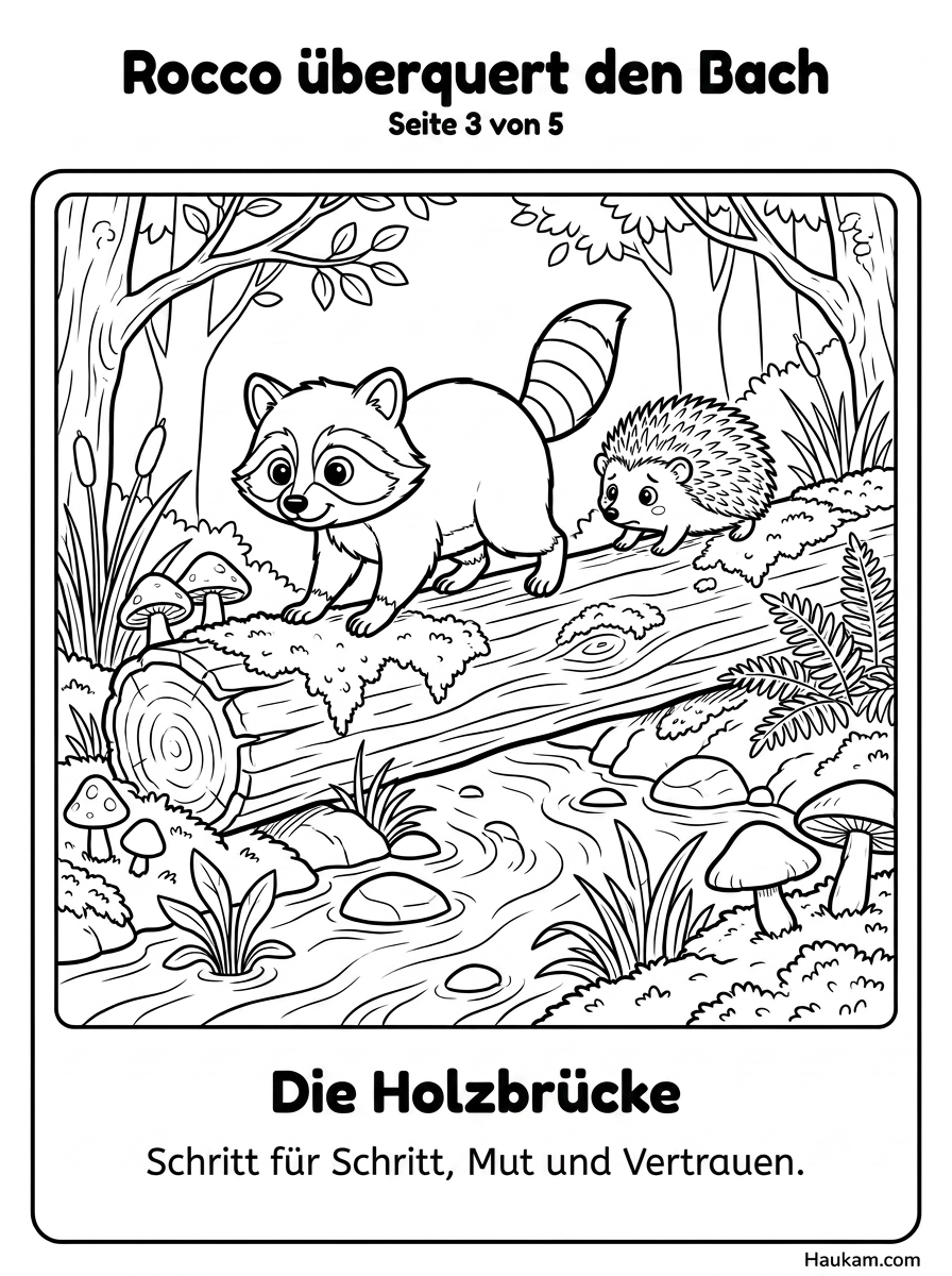 Ausmalbild Waschbär für Kinder: Roccos Waldabenteuer zum Ausmalen und Vorlesen 3 Ausmalbild Waschbär Rocco und Igel balancieren über eine Baumstamm-Brücke