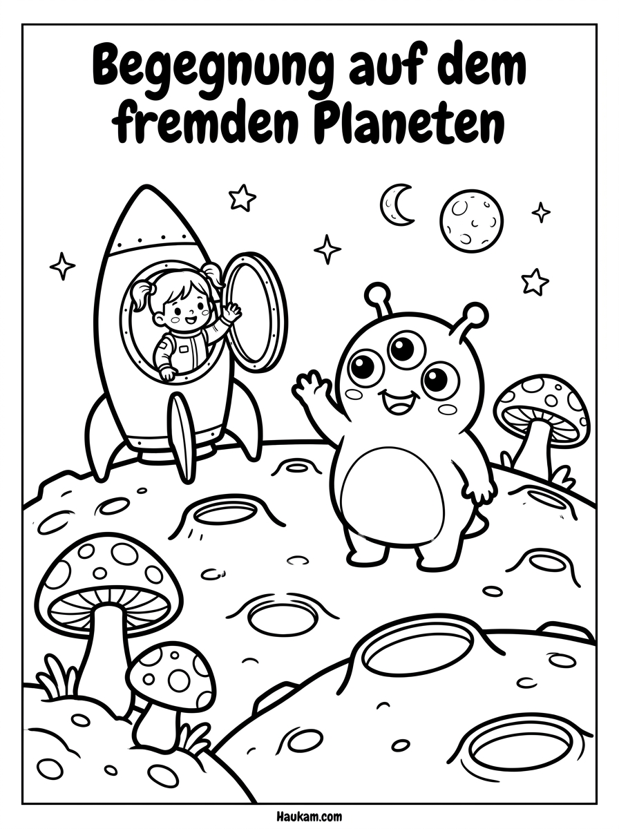 Ausmalbild Weltall für Kinder: Fünf zauberhafte Weltraum-Malvorlagen zum kostenlosen Ausdrucken 3 Ausmalbild Weltall Alien – Mädchen trifft freundliches Alien auf fremdem Planeten, Malvorlage mit Kratern und Monden
