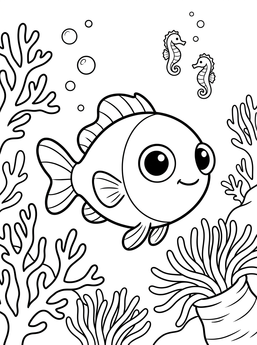 Ausmalbilder Fische zum Ausdrucken: Finns Unterwasserabenteuer als Malvorlage für Kinder 3 Kreative Ausmalbilder Fische für den Kindergarten, die eine dynamische Malvorlage von Fisch Finn inmitten eines großen, wirbelnden Fischschwarms darstellen.