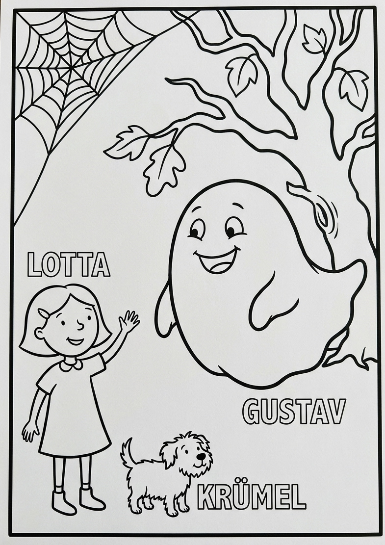 Ausmalbilder Halloween für Kinder : Wie Hexe Lotta kleinen Künstlern das Gruseln austreibt 3 Ausmalbild Halloween für Kinder: freundlicher Geist Gustav trifft Hexe Lotta und Kater Krümel an einem Spinnennetz