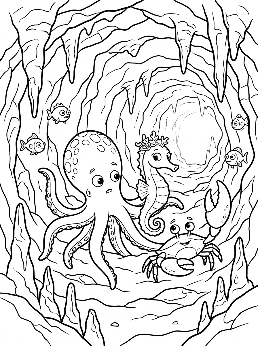 Ausmalbilder Unterwasserwelt : Eine bezaubernde Malvorlagen-Geschichte mit Ozzi dem Oktopus 3 Ausmalbilder Unterwasserwelt: Ozzi, Perla und Kalle schwimmen mutig durch eine dunkle Unterwasserhöhle, Malvorlage für Kinder