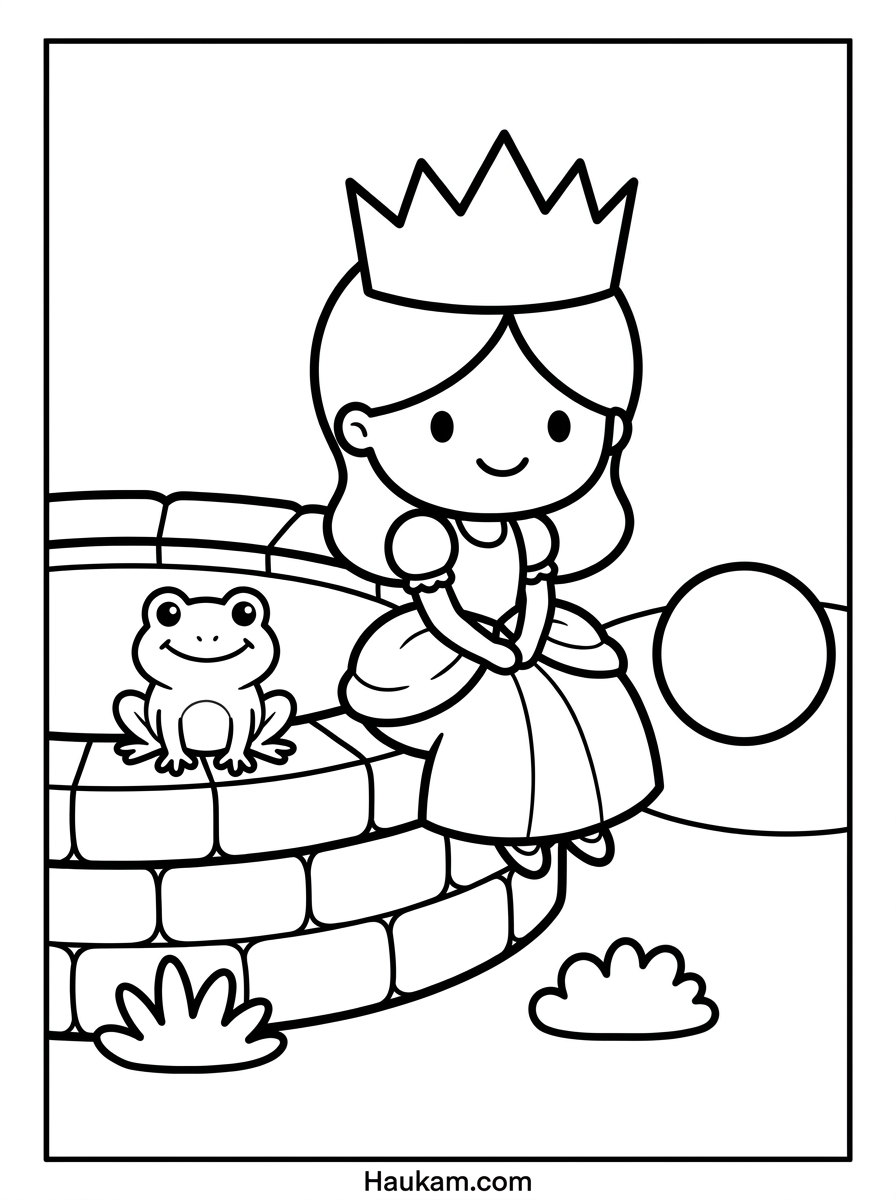 Ausmalbilder Märchen zum Ausdrucken – Gratis für Kinder 3 Ausmalbilder Märchen zum Ausdrucken – Prinzessin sitzt mit Froschkönig am Brunnen, einfache Malvorlage für kleine Kinder