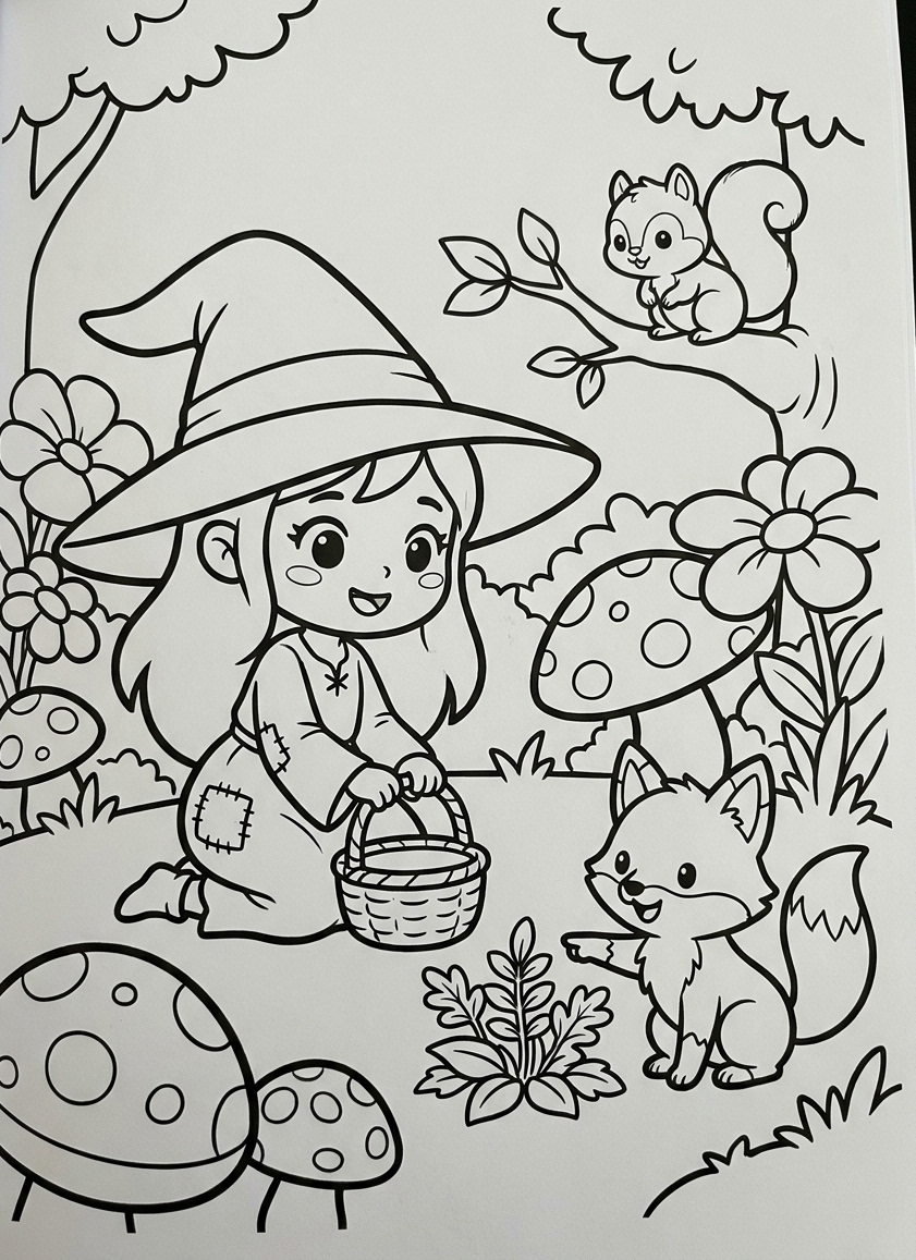 Hexe Ausmalbild für Kinder: 5 zauberhafte Malvorlagen zum Ausdrucken mit spannender Herbstgeschichte 3 Hexe Ausmalbild im Zauberwald – Hexe sammelt Kräuter mit Eichhörnchen und Fuchs, Malvorlage mit Fliegenpilzen zum Ausmalen