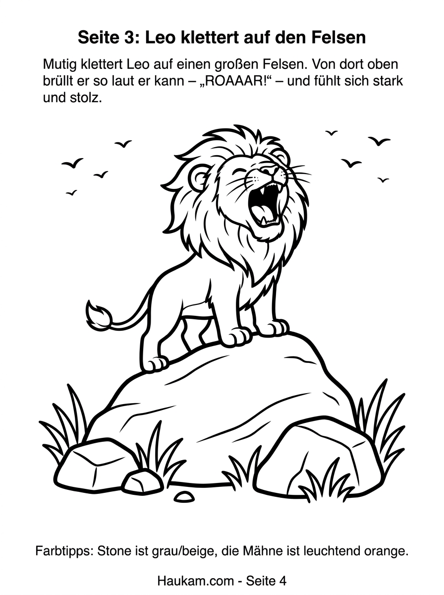 Löwe zum Ausmalen : 5 liebevolle Ausmalbilder mit Leo, dem kleinen Löwen aus der Savanne 3 Löwe zum Ausmalen auf einem Felsen, brüllend mit wehender Mähne unter dem Himmel