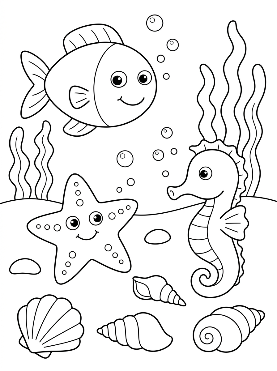 Muschel Ausmalbild für Kinder: Kostenlose Malvorlagen mit Strandgeschichte zum Ausdrucken 3 Unterwasserwelt Ausmalbild mit Muscheln, Fisch, Seestern und Seepferdchen für Kinder