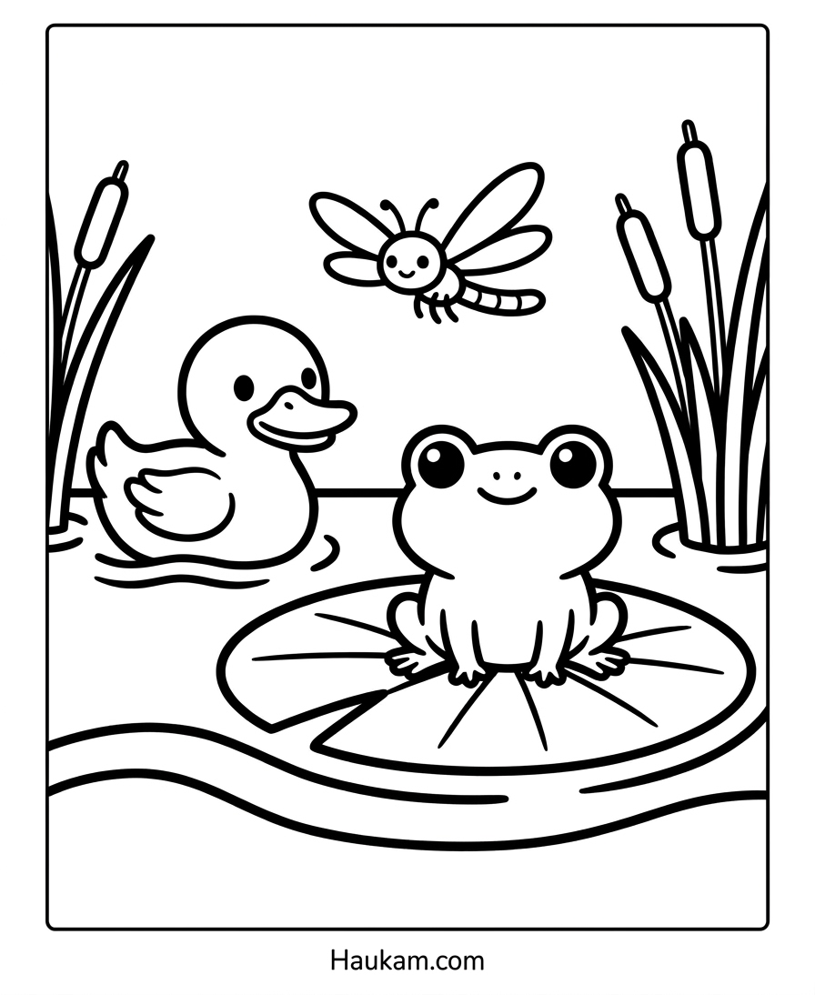 Natur Ausmalbilder zum Ausdrucken für Kinder 3 Natur Ausmalbilder: Frosch auf Seerosenblatt mit Ente und Libelle am Teich