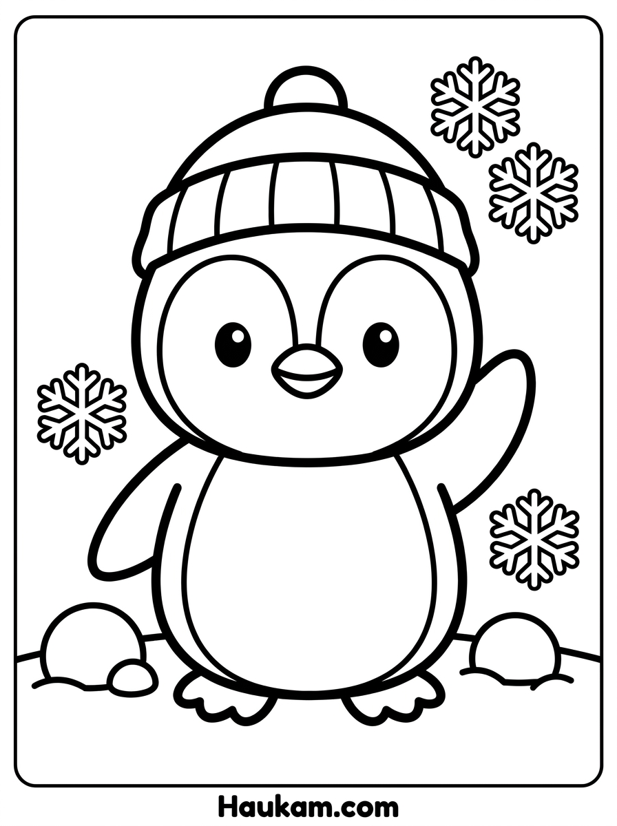 Ausmalbilder Winter Kostenlos: 5 Motive für Kinder 3 Ausmalbilder Winter – niedlicher Pinguin mit Wollmütze, einfache Schwarz-Weiß-Malvorlage für Vorschulkinder