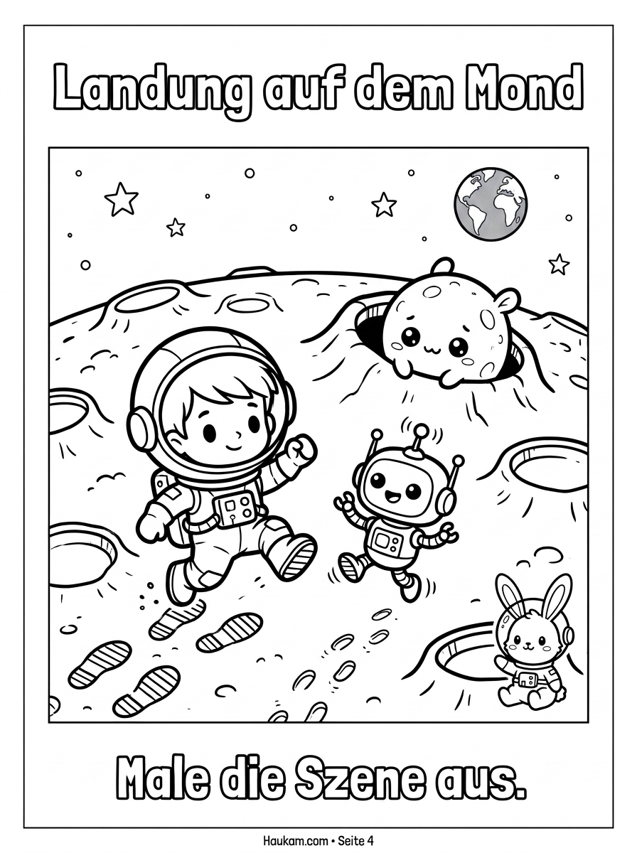 Raketen Ausmalbilder : Eine Zauberhafte Weltraumreise zum Ausmalen und Träumen 3 Raketen Ausmalbild für Kinder: Timo und Pip hüpfen über die Mondoberfläche mit Kratern, im Hintergrund die Erde