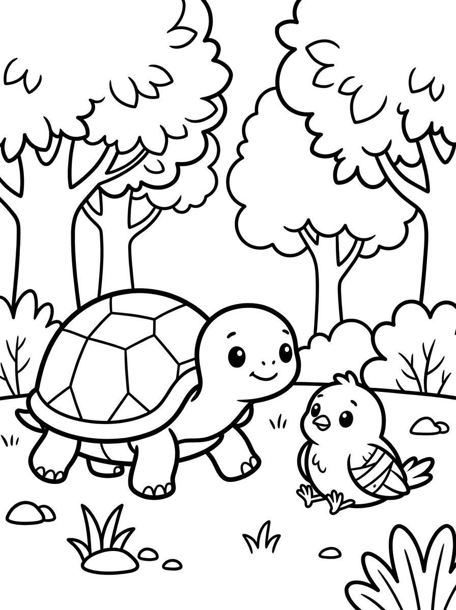 Schildkröte zum Ausmalen: Eine herzerwärmende Geschichte für Kinder in 5 liebevoll gestalteten Ausmalbildern zum Ausdrucken 3 Schildkröte zum Ausmalen – Toni hilft einem verletzten Vogel unter einem großen Baum, Malvorlage mit Herz für Kinder