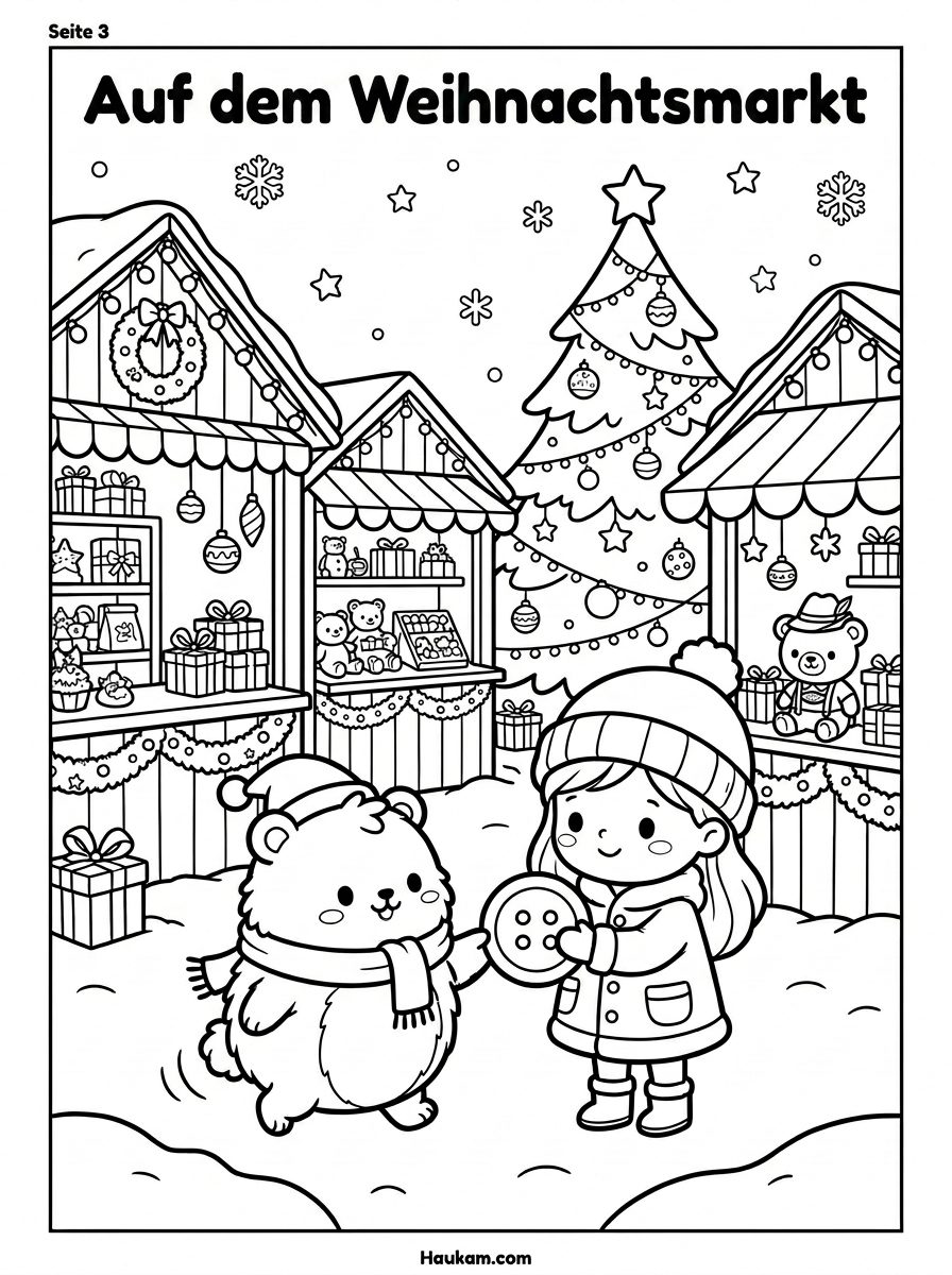 Schneemann Ausmalbild zum Ausdrucken: Die Geschichte von Bommel in 5 zauberhaften Ausmalseiten 3 Schneemann Ausmalbild: Bommel und Lotta auf dem Weihnachtsmarkt mit Lichterketten