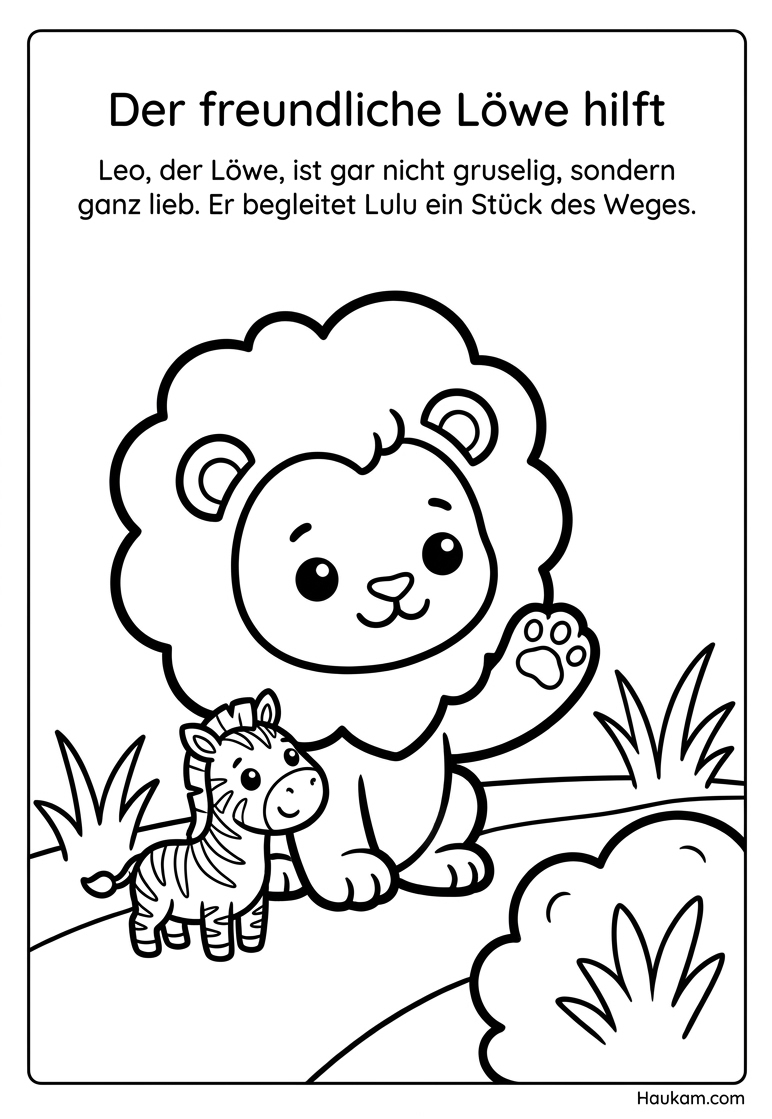 Ausmalbild Dschungeltiere: Wie Lulu, das kleine Zebra, seinen Weg zurück zur Mama findet 4 Ausmalbild Dschungeltiere – kuscheliger Chibi-Löwe begleitet Lulu durch den Dschungel