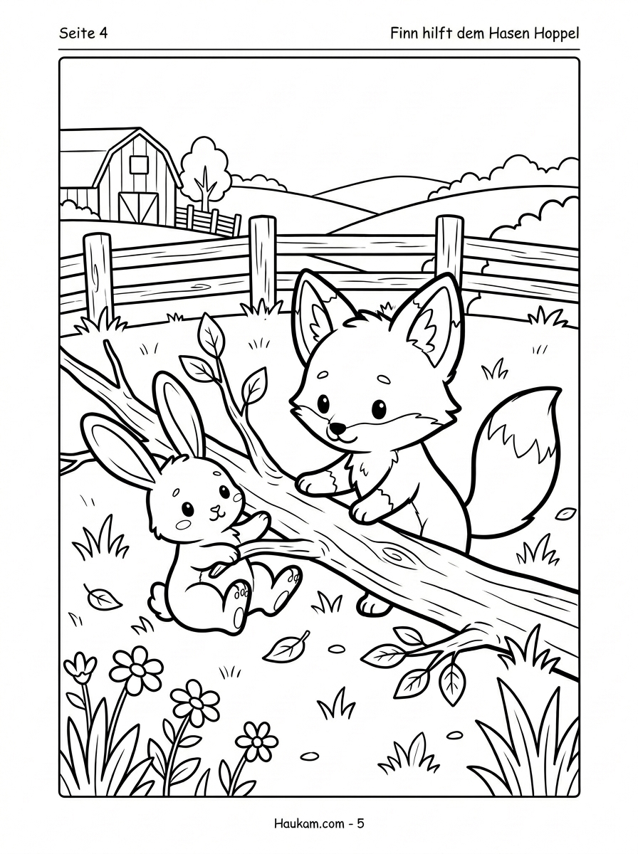 Fuchs zum Ausmalen für Kinder: Fünf zauberhafte Ausmalbilder mit Finn dem Waldfuchs 4 Fuchs zum Ausmalen: Ausmalbild Fuchs Finn hilft Hase Hoppel auf der Wiese
