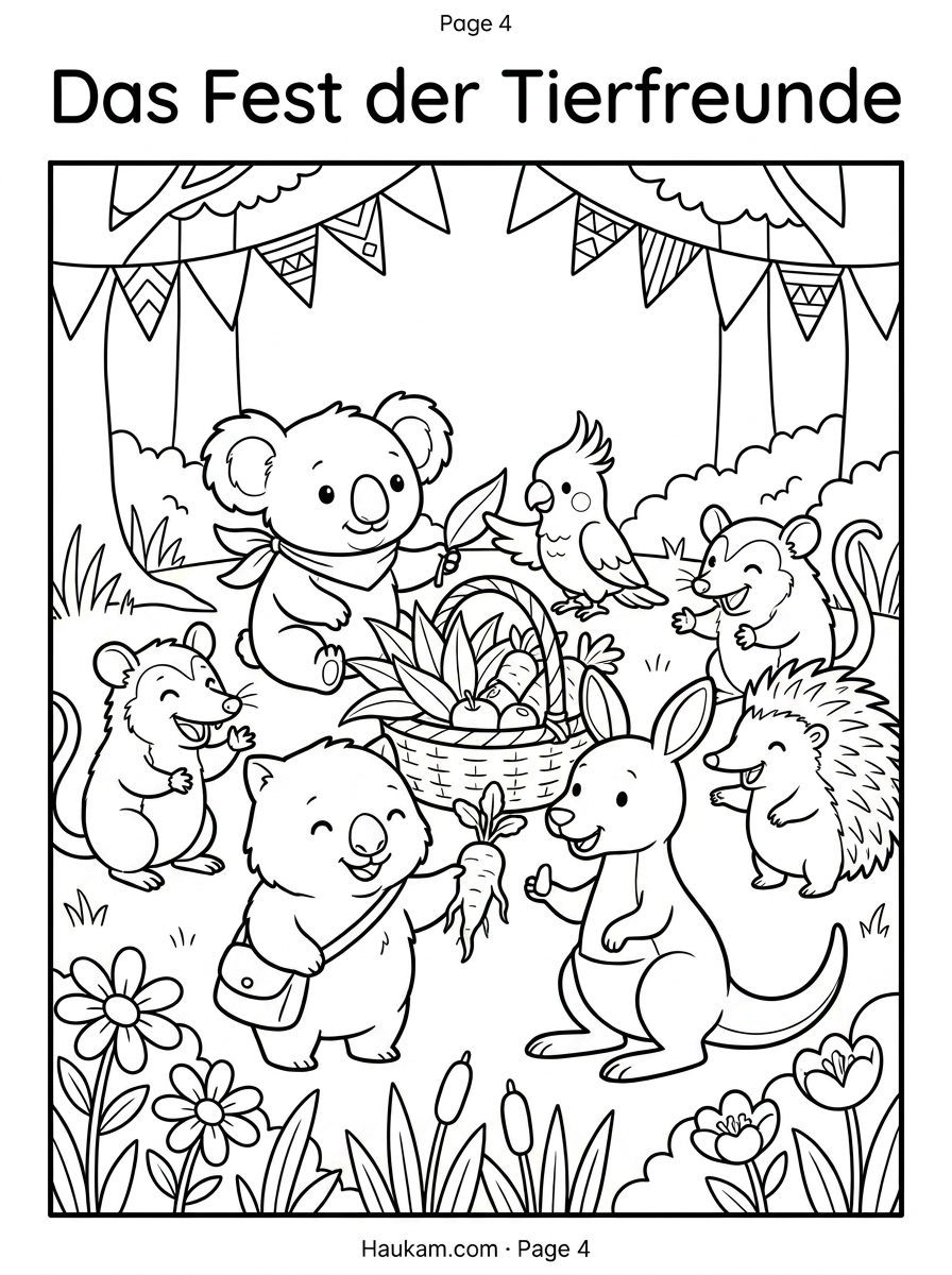 Ausmalbild Koala zum Ausdrucken: Die Abenteuergeschichte von Koko für kleine Naturfreunde 4 Ausmalbild Koala Koko feiert mit Tierfreunden ein Fest auf der Lichtung