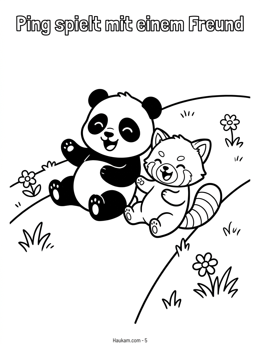 Ausmalbild Panda für Kinder: Wie Pings Bambuswald-Abenteuer zu einer Geschichte zum Ausmalen wird 4 Ausmalbild Panda und roter Panda – zwei Freunde kullern lachend einen Hügel hinunter, Malvorlage für Kinder in Schwarz-Weiß zum Ausdrucken.