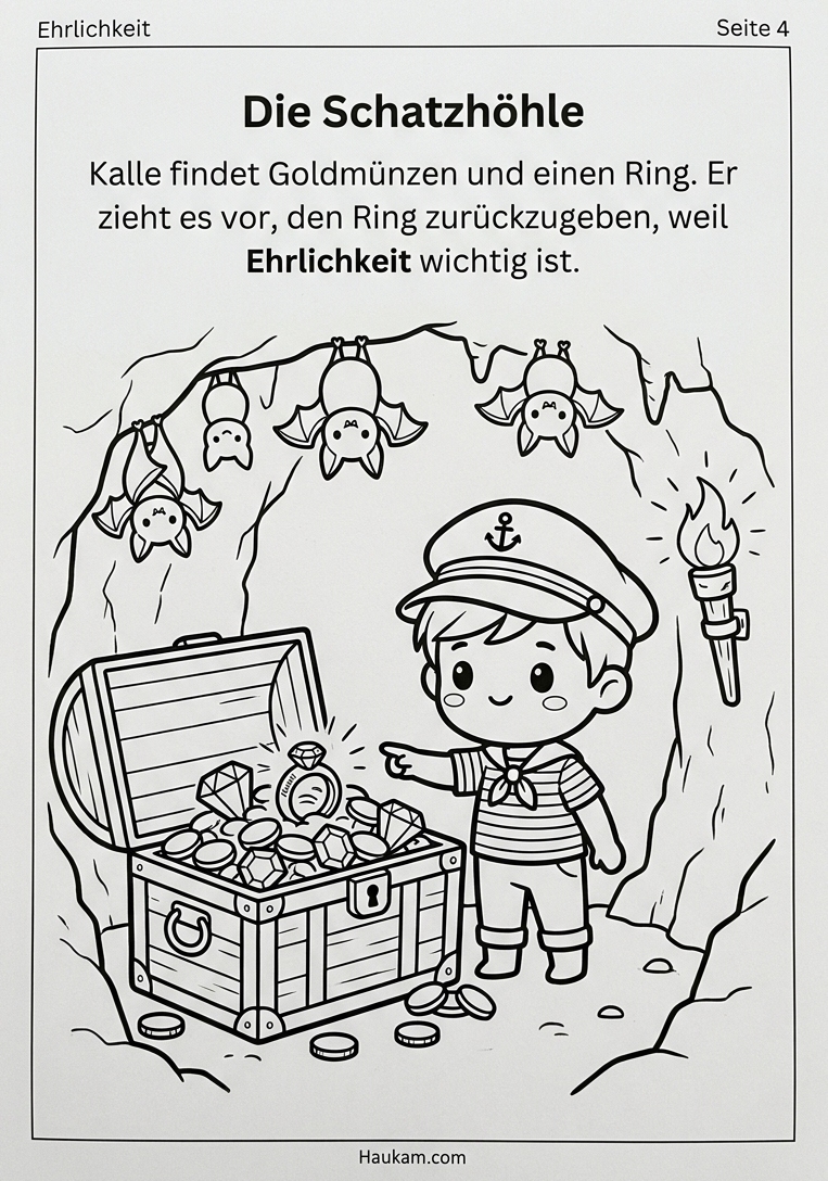 Piraten Ausmalbilder für Kinder: Kalles Schatzsuche als fünfteilige Ausmalgeschichte 4 Piraten Ausmalbild: Kalle findet eine offene Schatztruhe mit Goldmünzen und Edelsteinen in einer dunklen Höhle mit Fledermäusen.