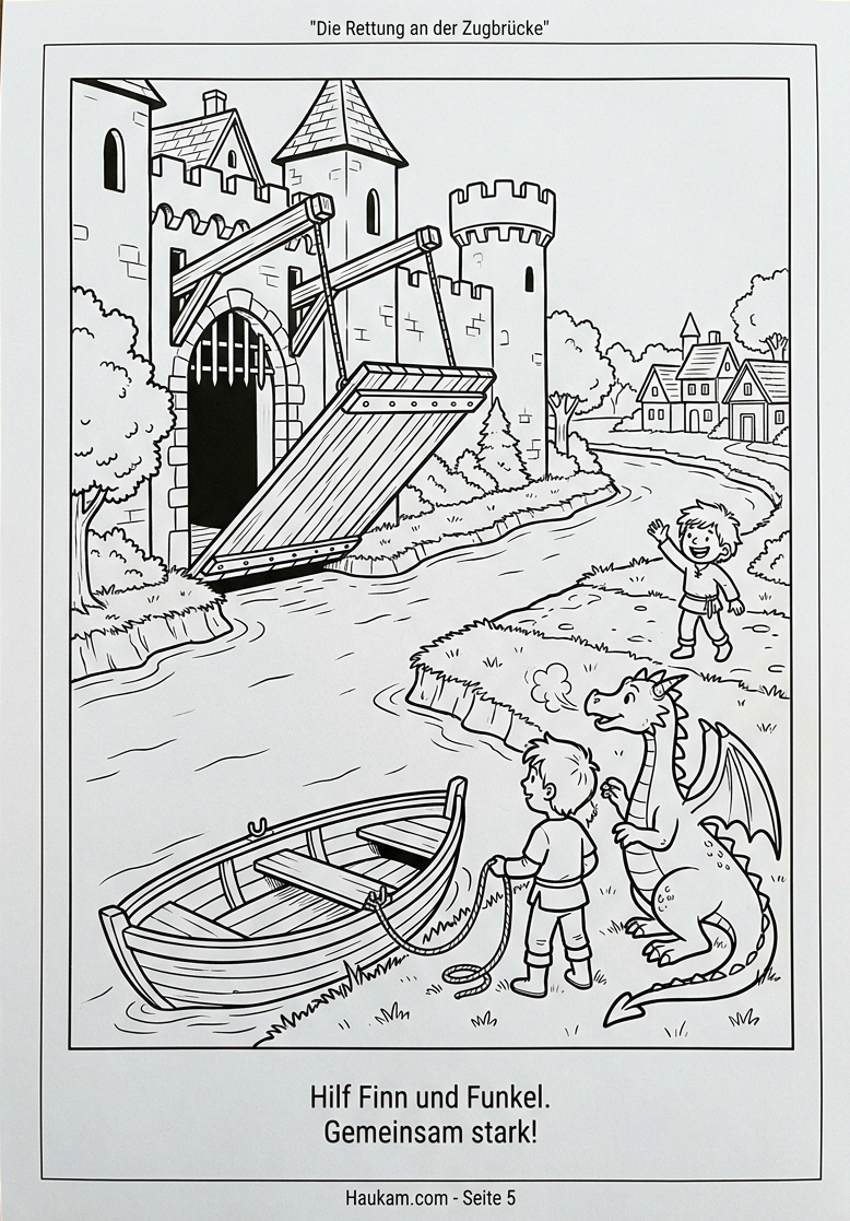 Ausmalbild Ritterburg zum Ausdrucken: 5 kostenlose Ausmalbilder für kleine Ritter und ihren Drachenfreund 4 Ausmalbild Ritterburg: Ritter Finn und Drache Fünkchen befreien gemeinsam ein Boot an der Zugbrücke