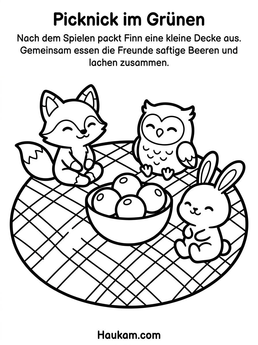 Ausmalbild Wald : Mit Fuchs Finn durch einen ganzen Waldtag – die schönste Mal-Geschichte zum kostenlosen Ausdrucken 4 Ausmalbild Wald – Picknick mit Fuchs, Eule und Kaninchen im Wald, Malvorlage für Kinder